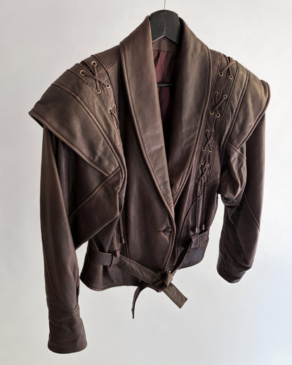 Vintage 1980s Brown Lace-Up Belted Leather Jacket