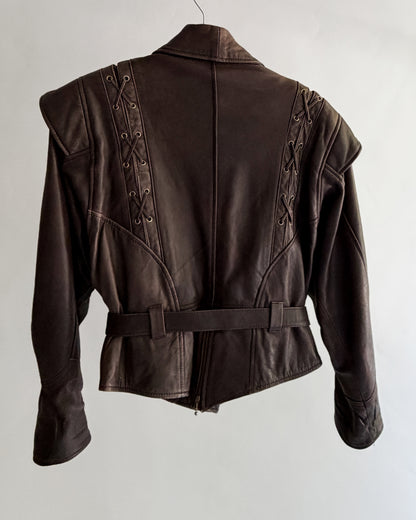 Vintage 1980s Brown Lace-Up Belted Leather Jacket