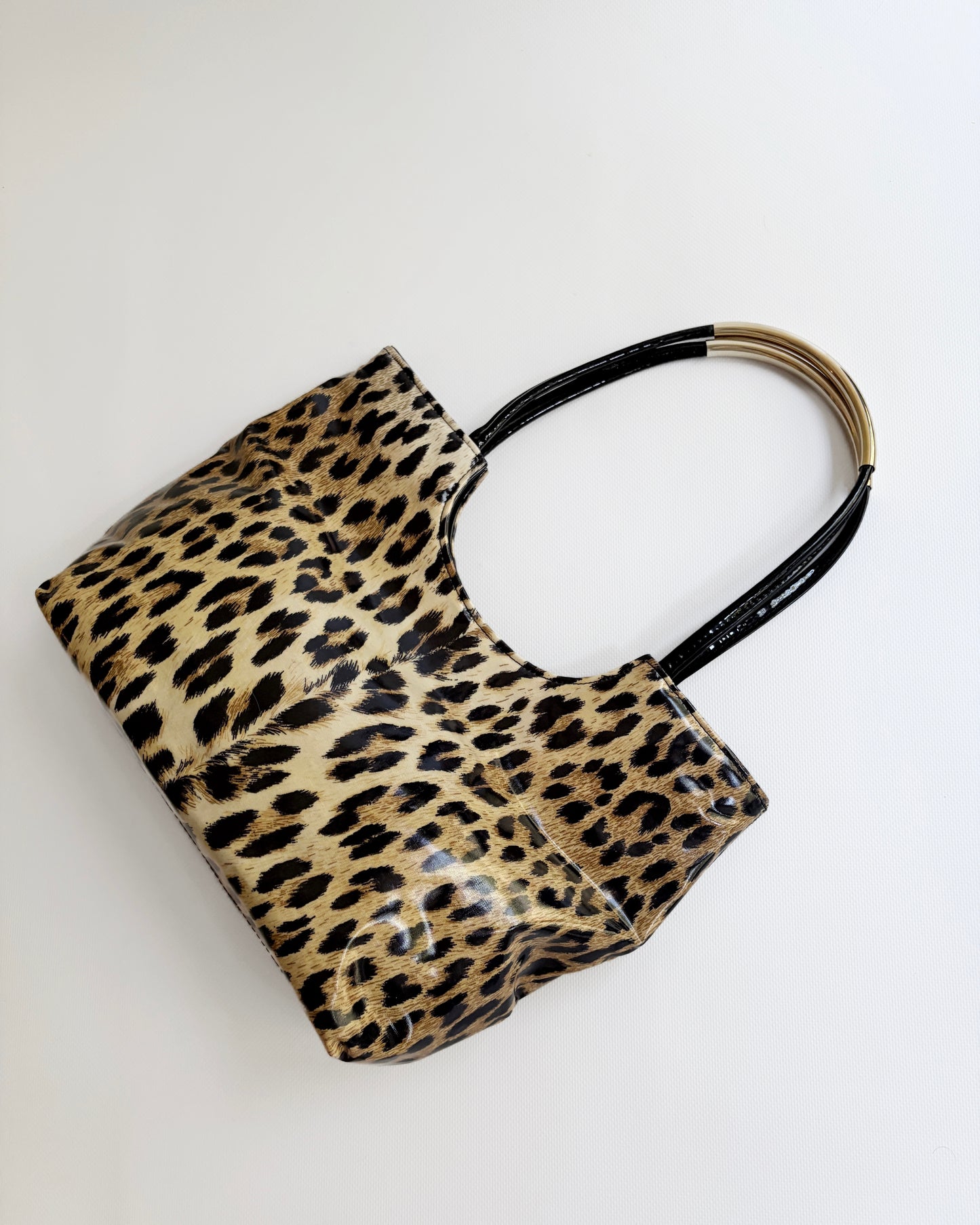 Vintage 1980s Leopard Print Vinyl Handbag & Matching Clutch Set - Made in Italy
