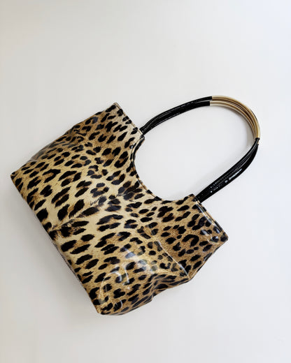 Vintage 1980s Leopard Print Vinyl Handbag & Matching Clutch Set - Made in Italy