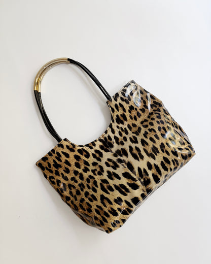 Vintage 1980s Leopard Print Vinyl Handbag & Matching Clutch Set - Made in Italy