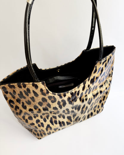 Vintage 1980s Leopard Print Vinyl Handbag & Matching Clutch Set - Made in Italy