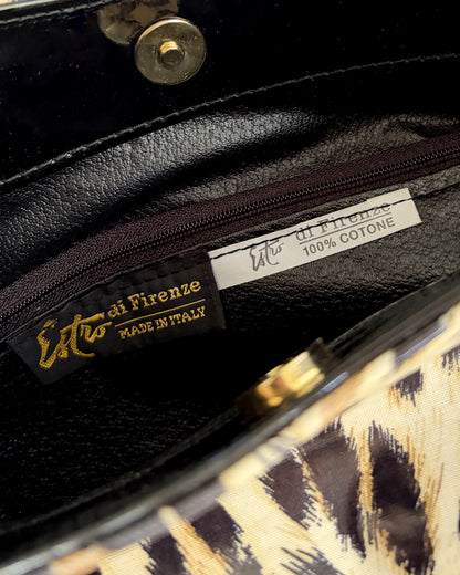 Vintage 1980s Leopard Print Vinyl Handbag & Matching Clutch Set - Made in Italy