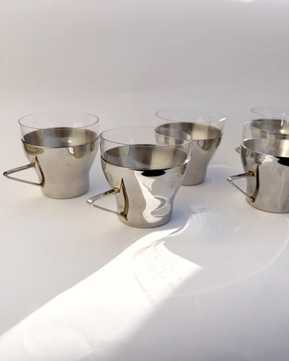 Vintage 1970s Spanish Stainless Steel & Glass Coffee Cups – Set of 2, 4, 6