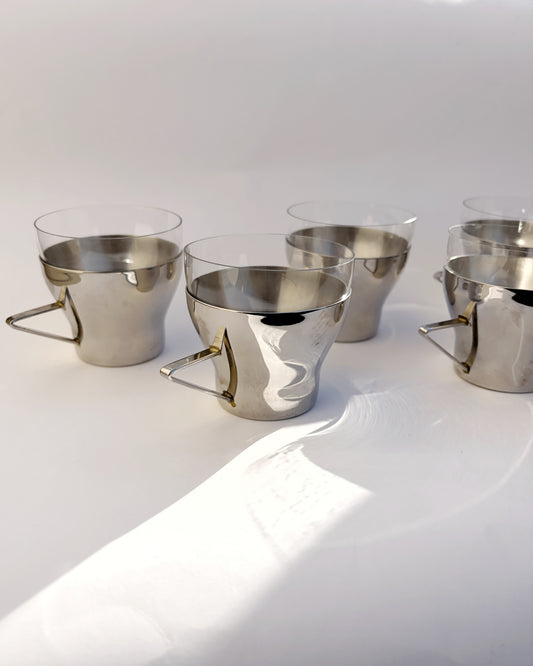 Vintage 1970s Spanish Stainless Steel & Glass Coffee Cups – Set of 2, 4, 6