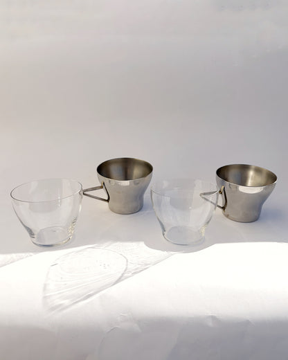 Vintage 1970s Spanish Stainless Steel & Glass Coffee Cups – Set of 2, 4, 6
