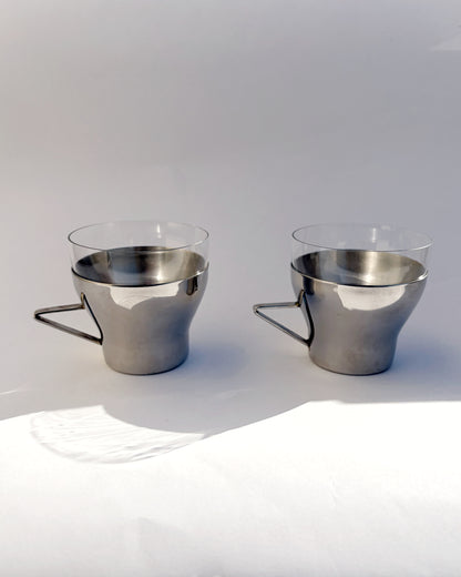 Vintage 1970s Spanish Stainless Steel & Glass Coffee Cups – Set of 2, 4, 6