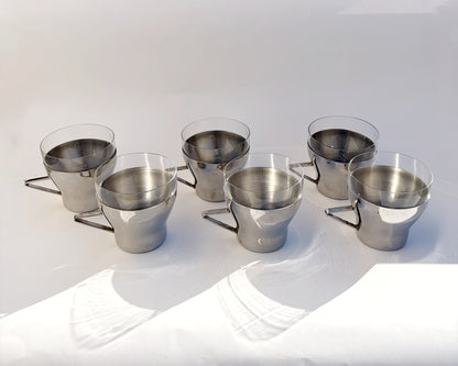 Vintage 1970s Spanish Stainless Steel & Glass Coffee Cups – Set of 2, 4, 6