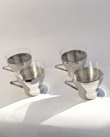 Vintage 1970s Spanish Stainless Steel & Glass Coffee Cups – Set of 2, 4, 6