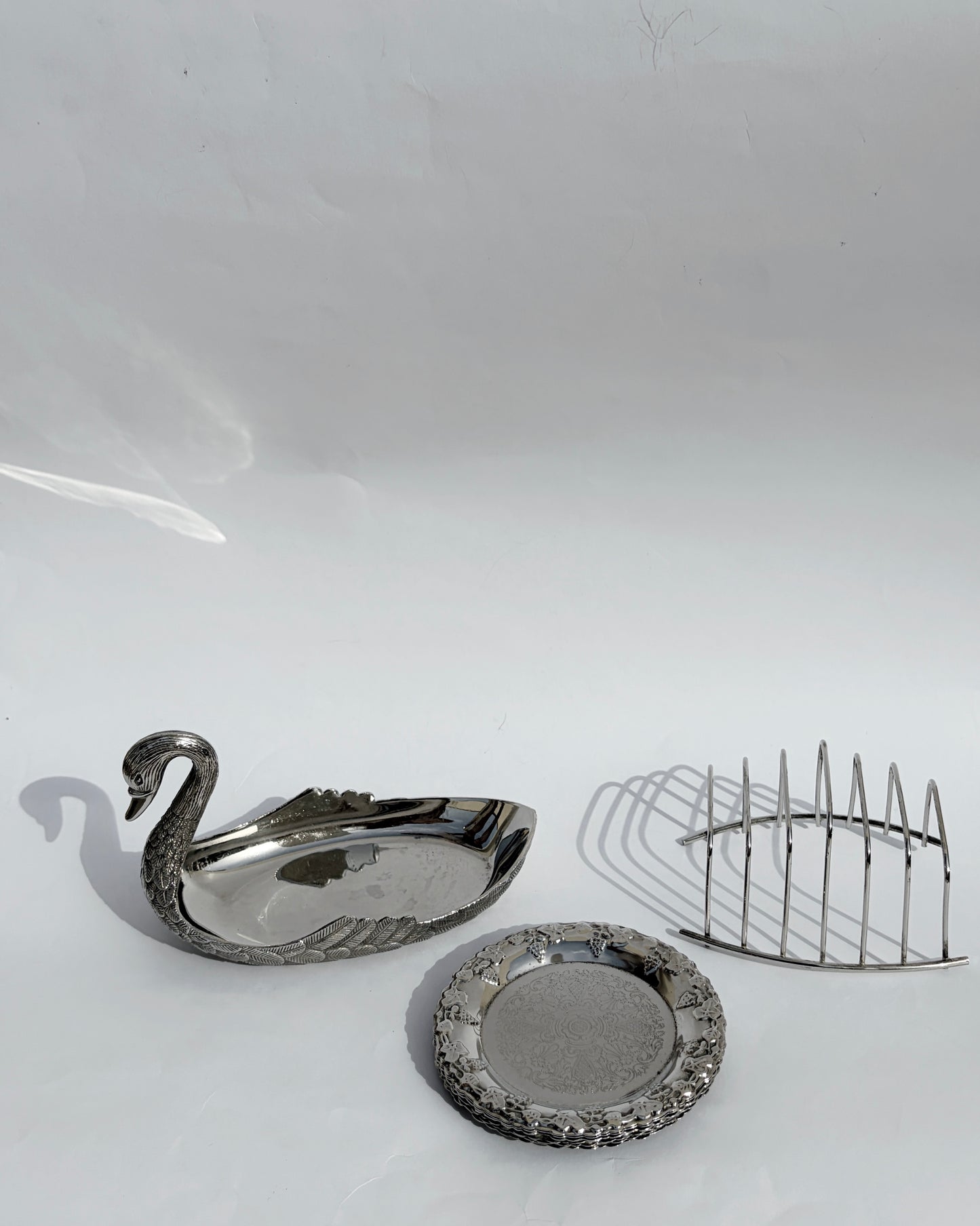 Vintage Silver-Plated Swan Holder with Six Ornate Coasters