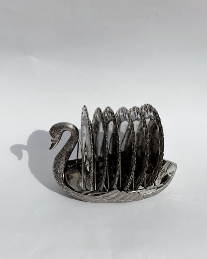 Vintage Silver-Plated Swan Holder with Six Ornate Coasters