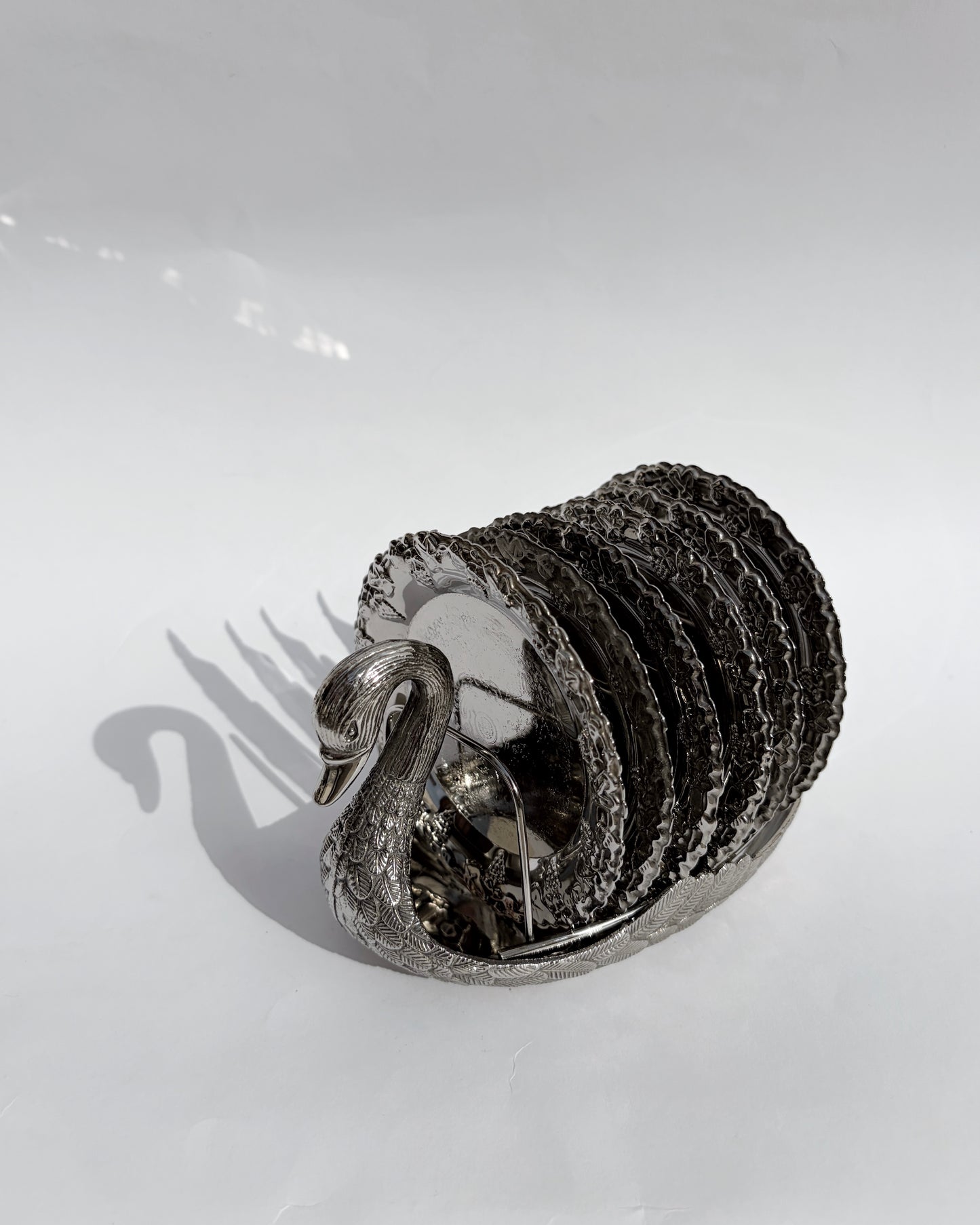 Vintage Silver-Plated Swan Holder with Six Ornate Coasters