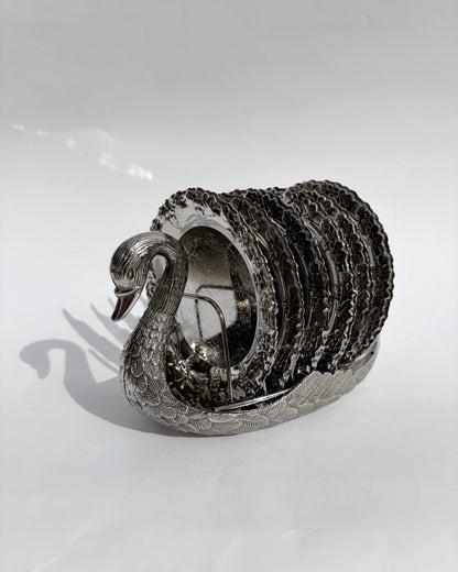 Vintage Silver-Plated Swan Holder with Six Ornate Coasters