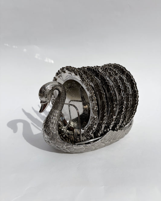 Vintage Silver-Plated Swan Holder with Six Ornate Coasters