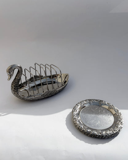 Vintage Silver-Plated Swan Holder with Six Ornate Coasters