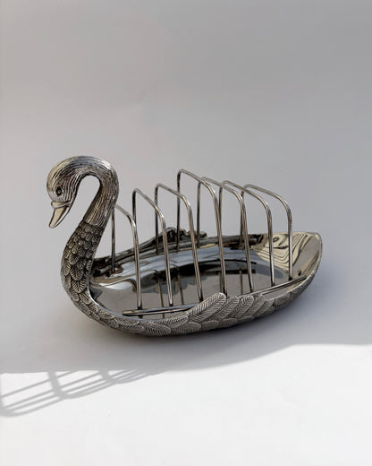 Vintage Silver-Plated Swan Holder with Six Ornate Coasters