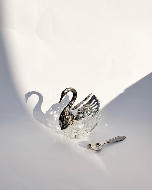 Vintage 1960s Silver Plated Swan Salt Cellar with Spoon