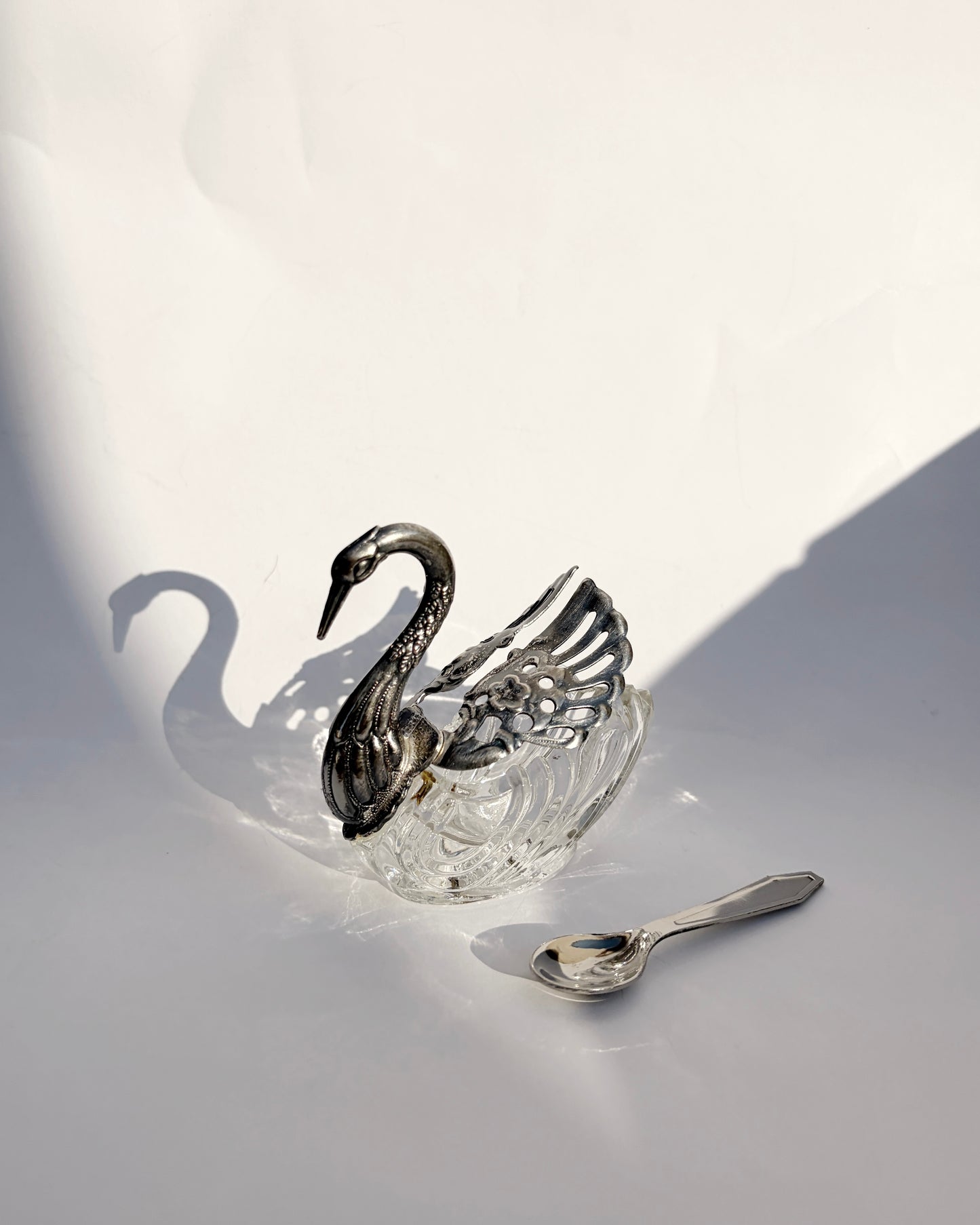 Vintage 1960s Silver Plated Swan Salt Cellar with Spoon