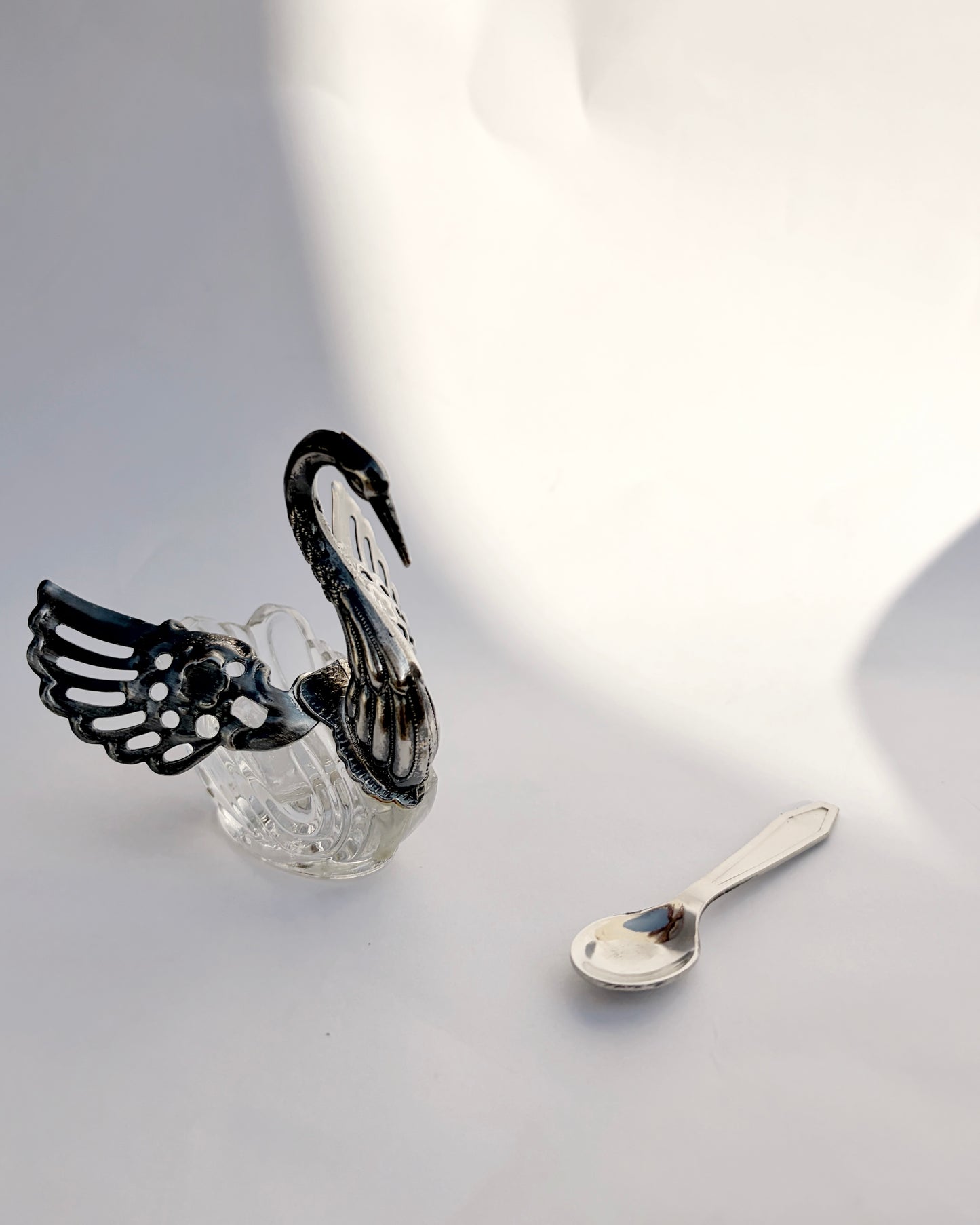 Vintage 1960s Silver Plated Swan Salt Cellar with Spoon