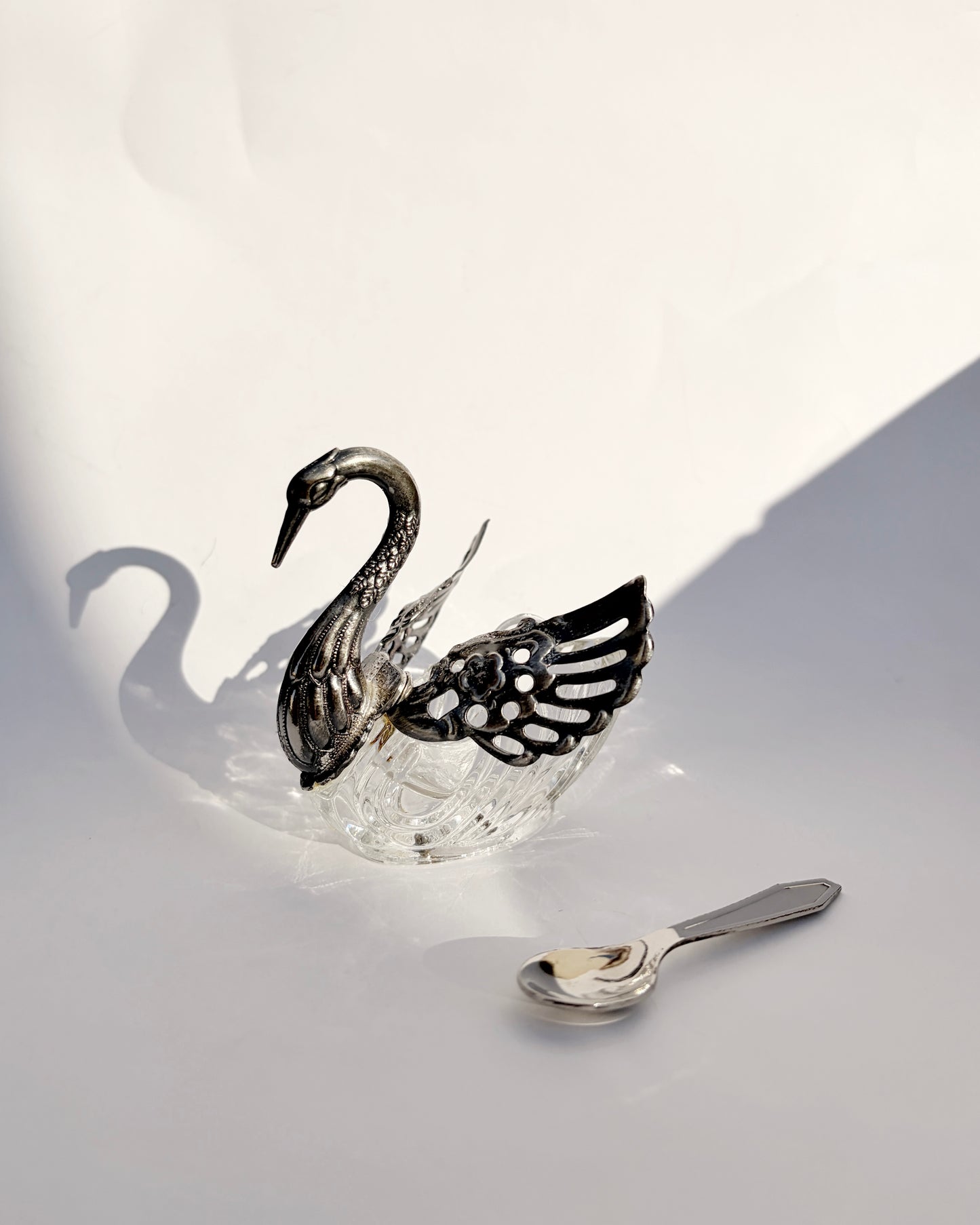 Vintage 1960s Silver Plated Swan Salt Cellar with Spoon