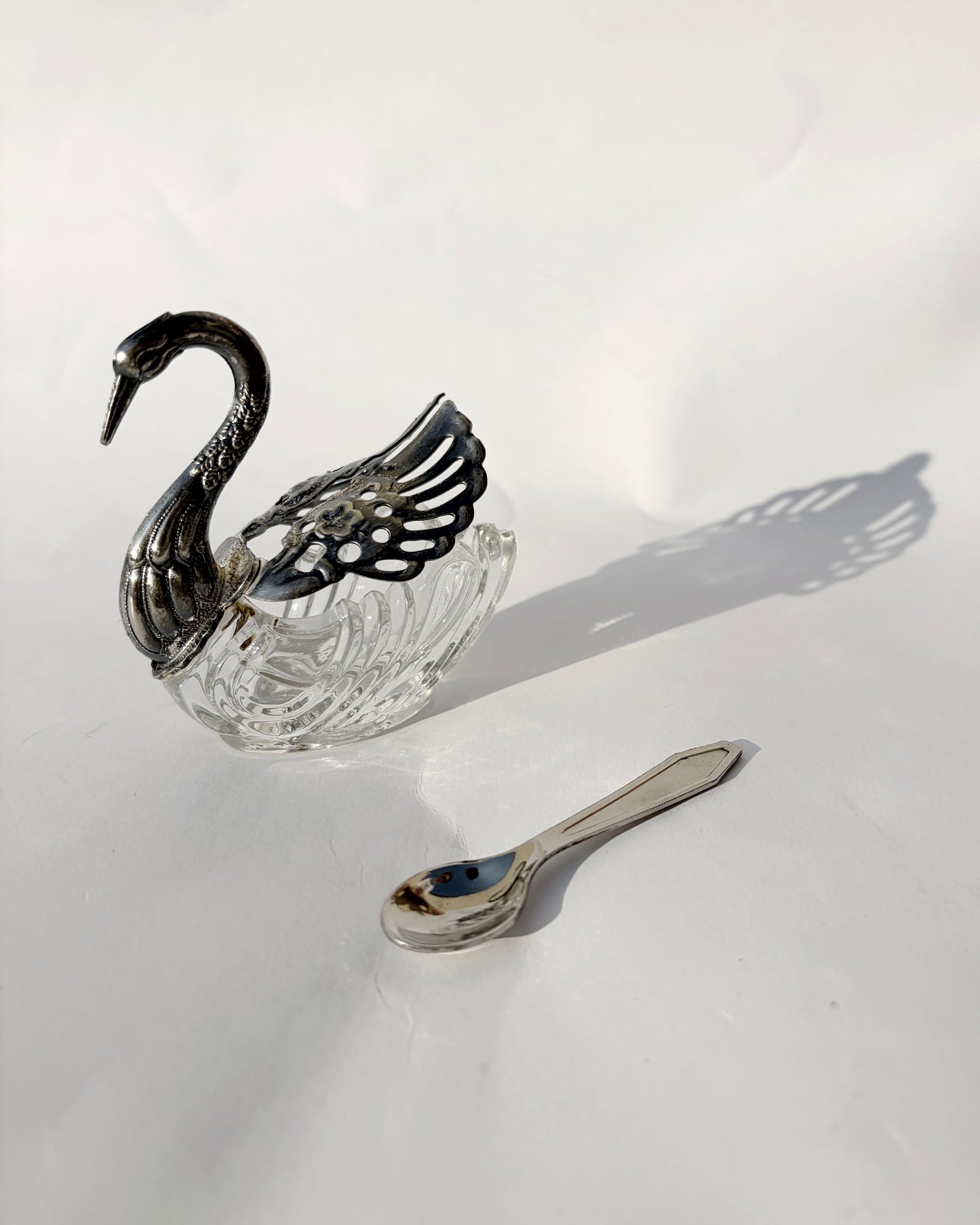 Vintage 1960s Silver Plated Swan Salt Cellar with Spoon