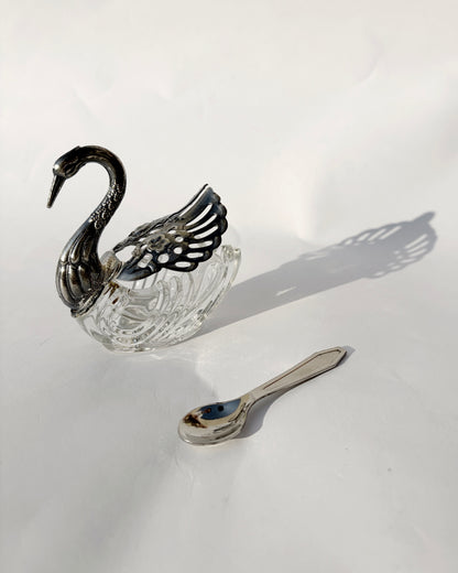 Vintage 1960s Silver Plated Swan Salt Cellar with Spoon