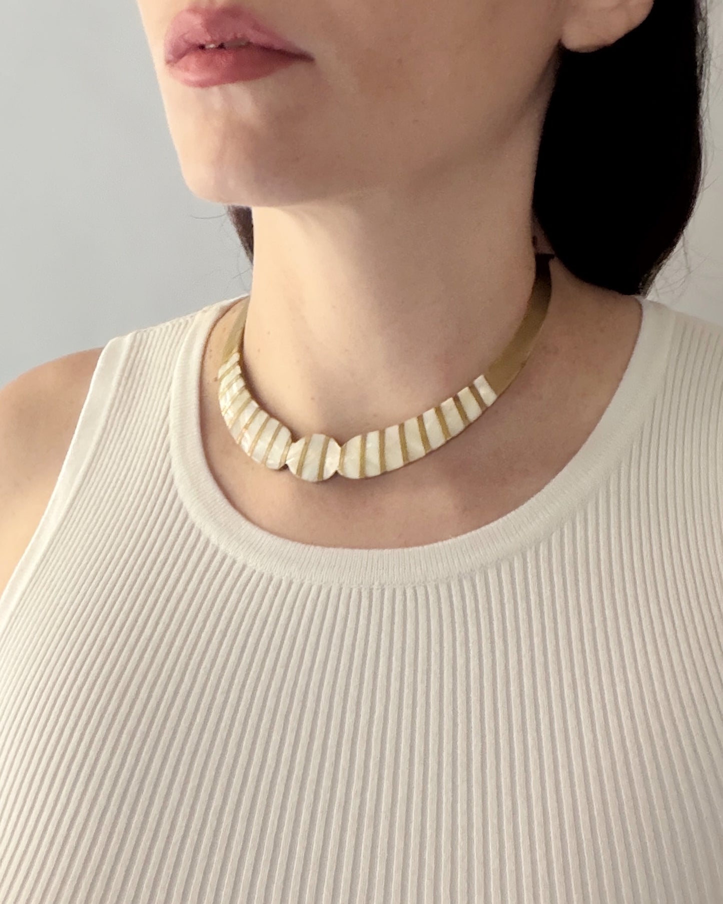 Vintage 1970s Brass & Mother of Pearl Choker Necklace