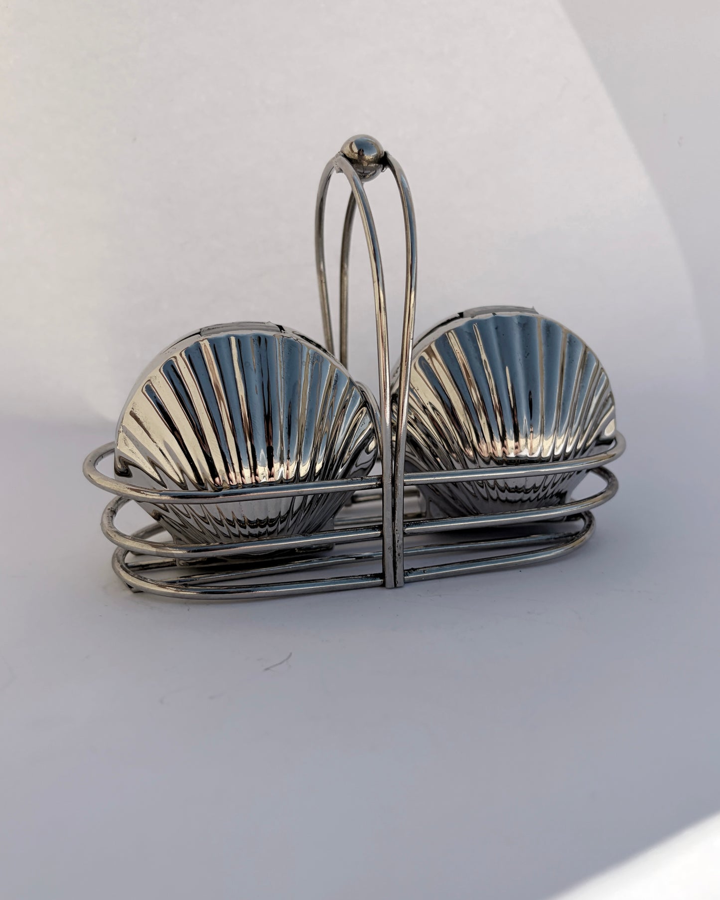 Vintage Mid-Century Silver Tone Seashell Salt & Pepper Shakers with Caddy
