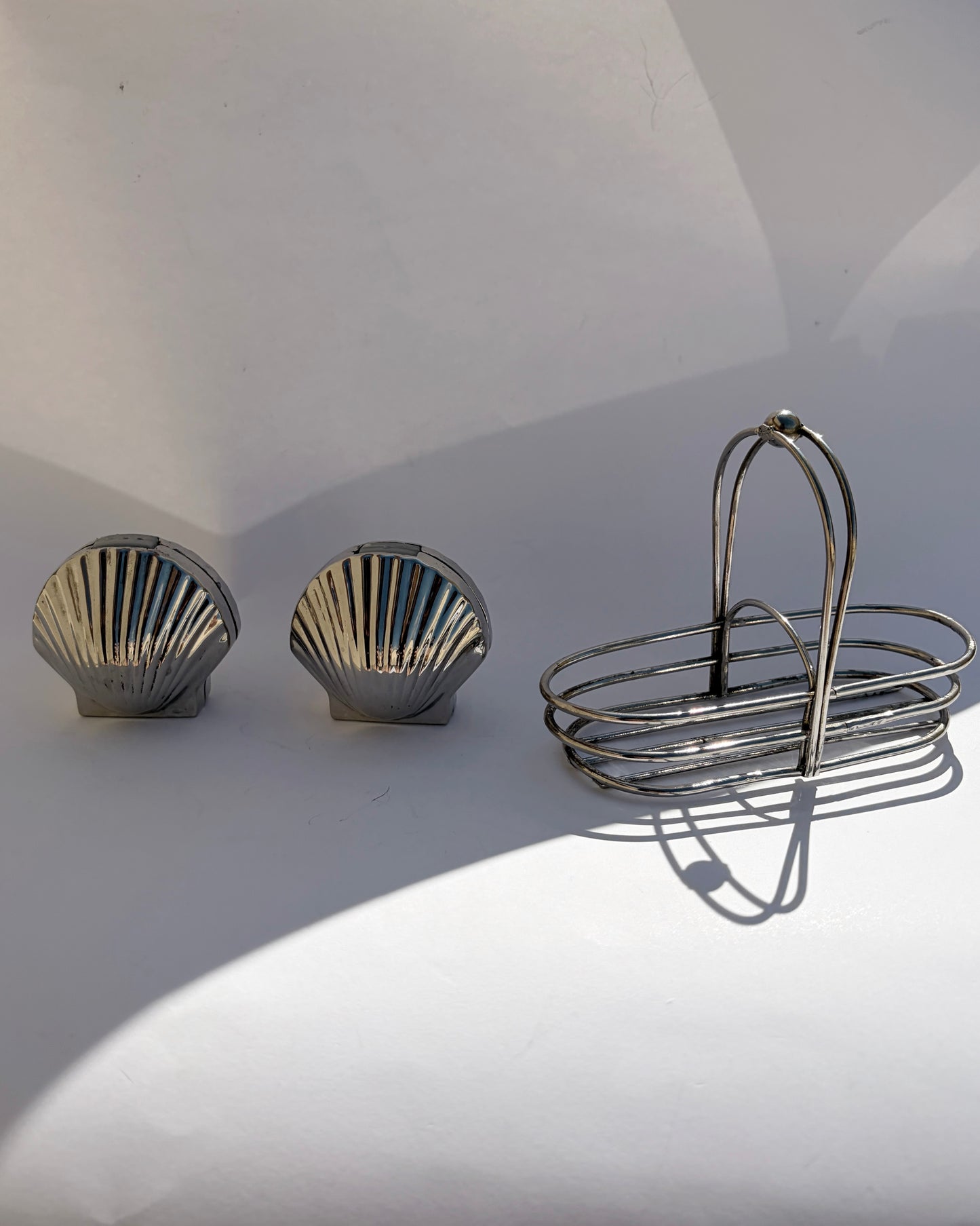 Vintage Mid-Century Silver Tone Seashell Salt & Pepper Shakers with Caddy