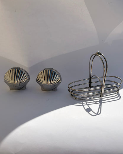 Vintage Mid-Century Silver Tone Seashell Salt & Pepper Shakers with Caddy