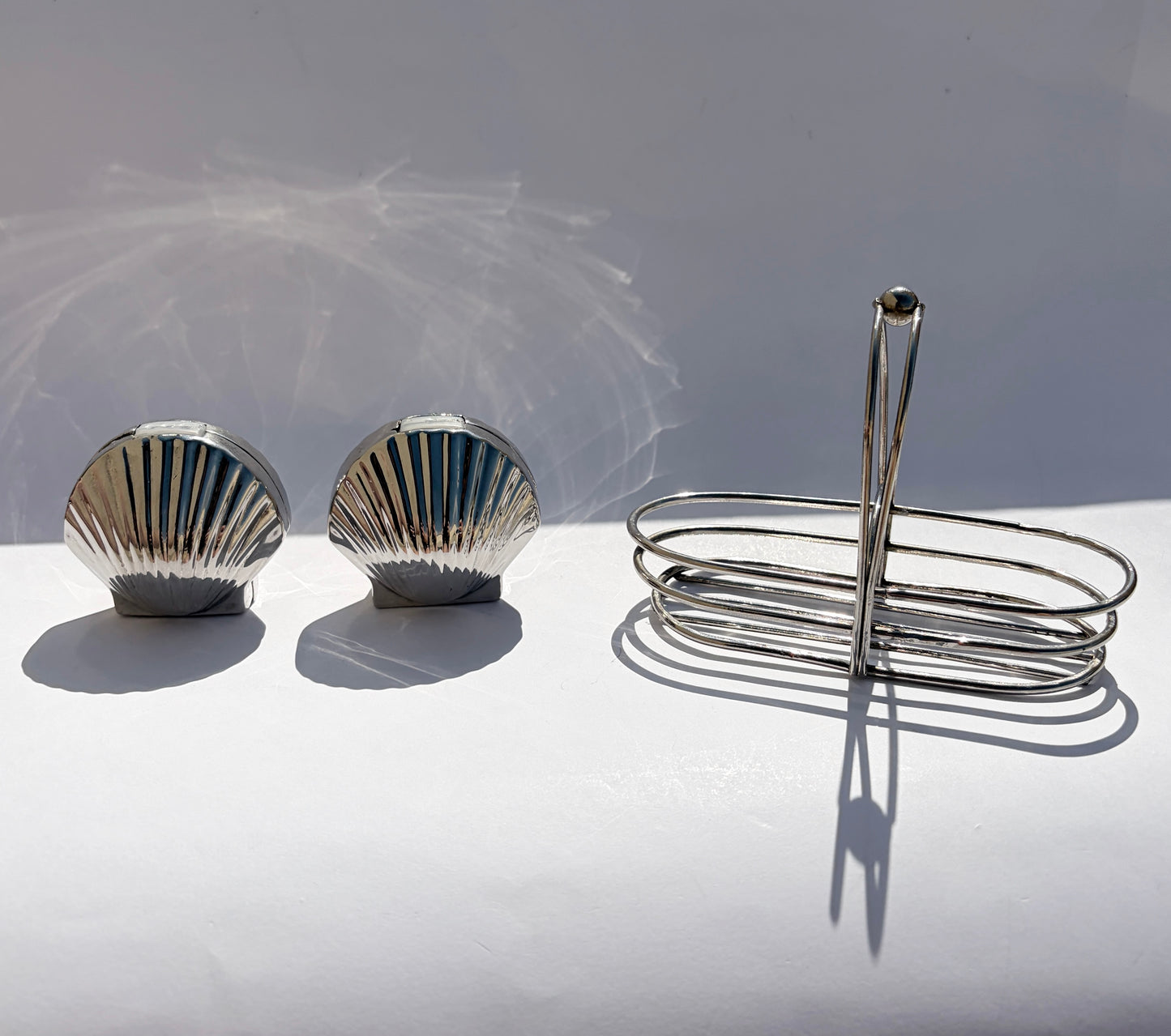 Vintage Mid-Century Silver Tone Seashell Salt & Pepper Shakers with Caddy