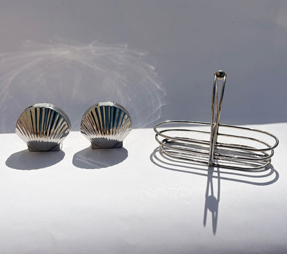 Vintage Mid-Century Silver Tone Seashell Salt & Pepper Shakers with Caddy