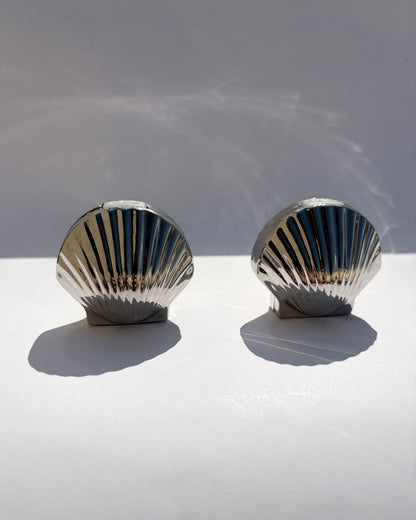 Vintage Mid-Century Silver Tone Seashell Salt & Pepper Shakers with Caddy