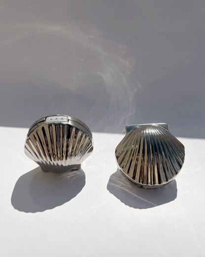 Vintage Mid-Century Silver Tone Seashell Salt & Pepper Shakers with Caddy