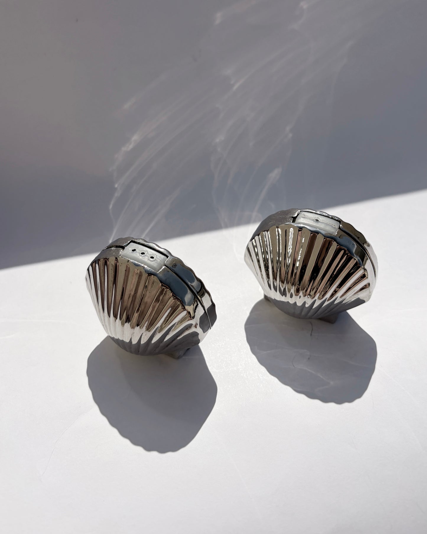 Vintage Mid-Century Silver Tone Seashell Salt & Pepper Shakers with Caddy