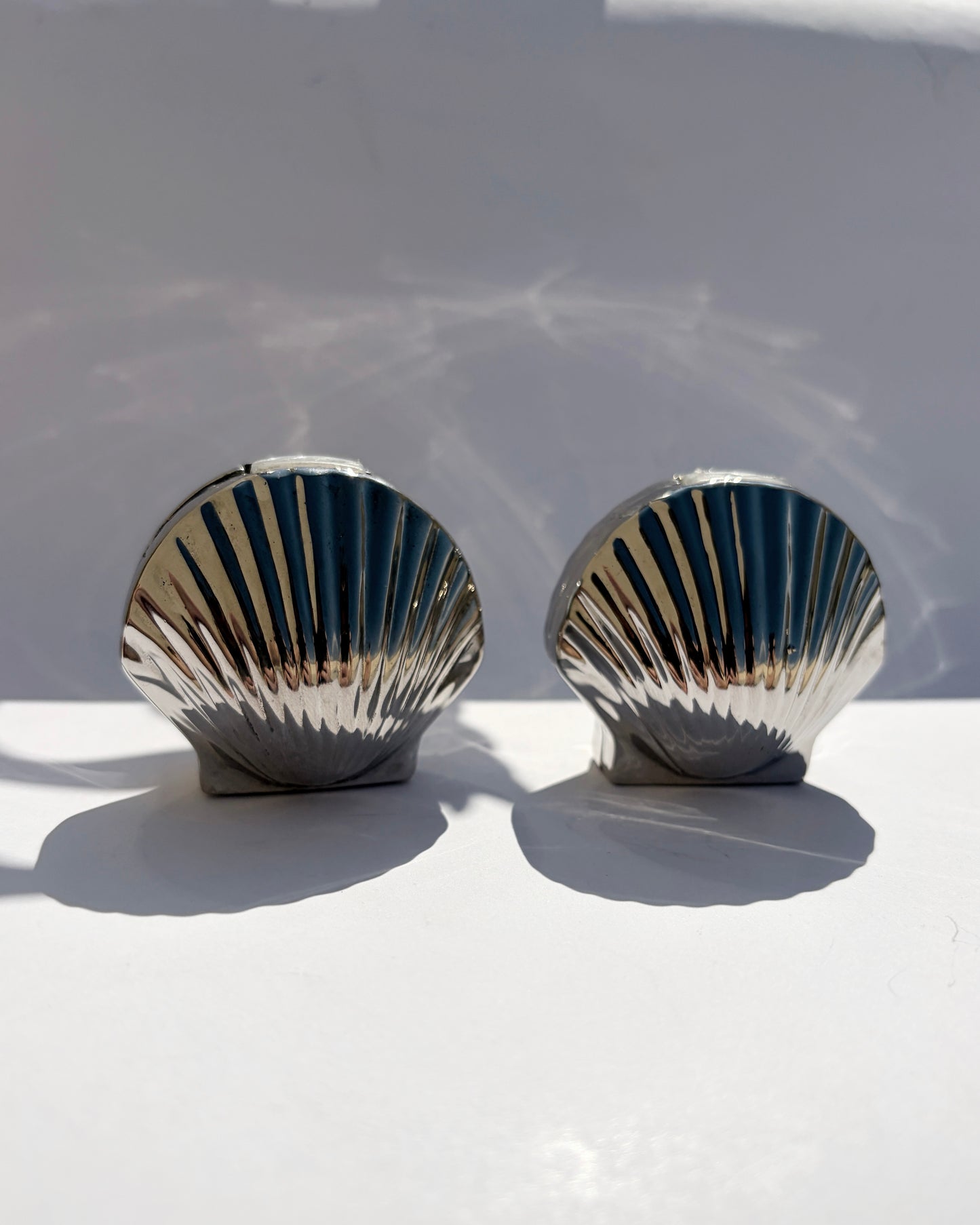 Vintage Mid-Century Silver Tone Seashell Salt & Pepper Shakers with Caddy