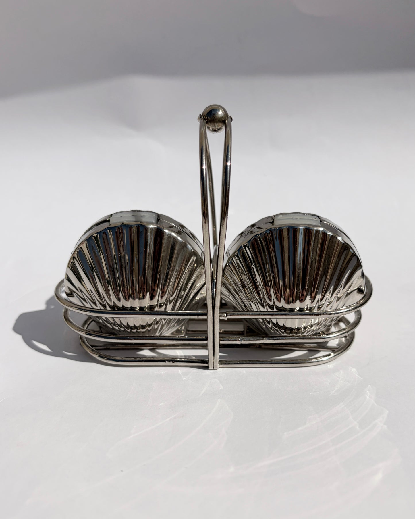 Vintage Mid-Century Silver Tone Seashell Salt & Pepper Shakers with Caddy
