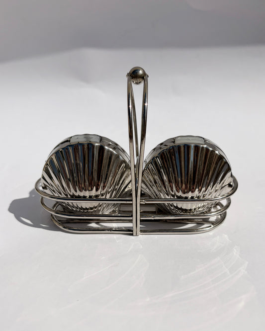 Vintage Mid-Century Silver Tone Seashell Salt & Pepper Shakers with Caddy