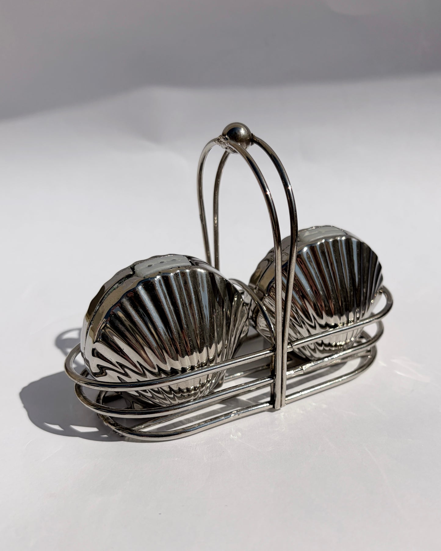 Vintage Mid-Century Silver Tone Seashell Salt & Pepper Shakers with Caddy