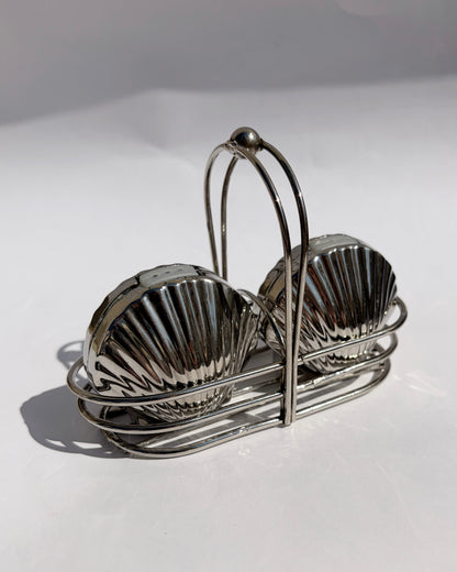 Vintage Mid-Century Silver Tone Seashell Salt & Pepper Shakers with Caddy