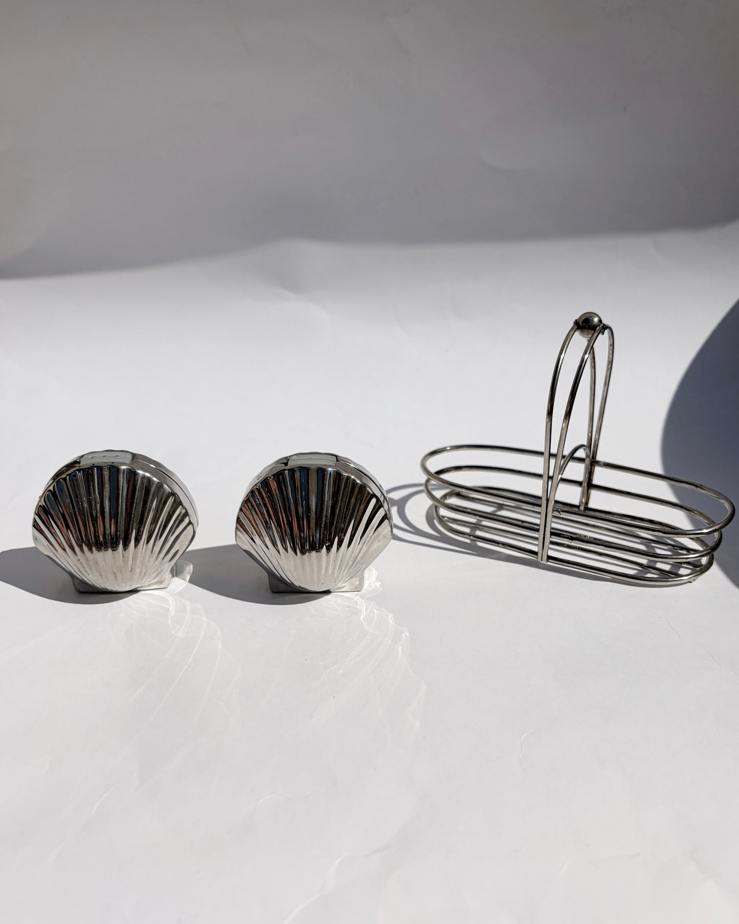 Vintage Mid-Century Silver Tone Seashell Salt & Pepper Shakers with Caddy