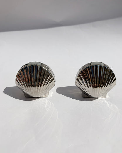Vintage Mid-Century Silver Tone Seashell Salt & Pepper Shakers with Caddy