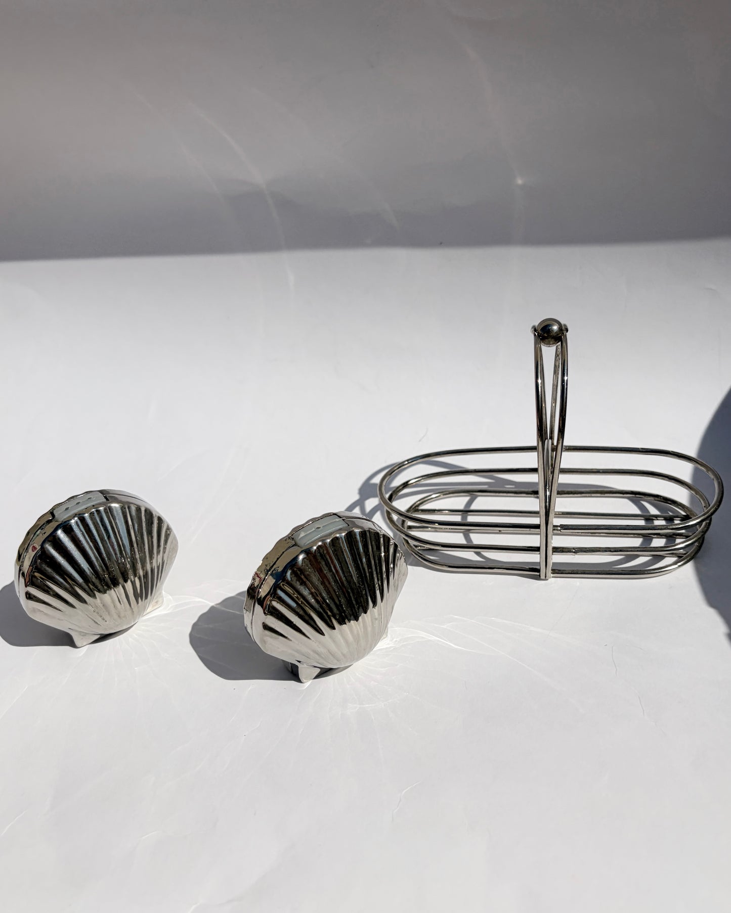 Vintage Mid-Century Silver Tone Seashell Salt & Pepper Shakers with Caddy
