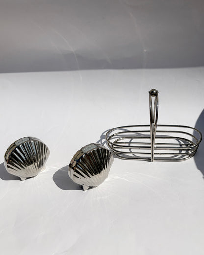 Vintage Mid-Century Silver Tone Seashell Salt & Pepper Shakers with Caddy