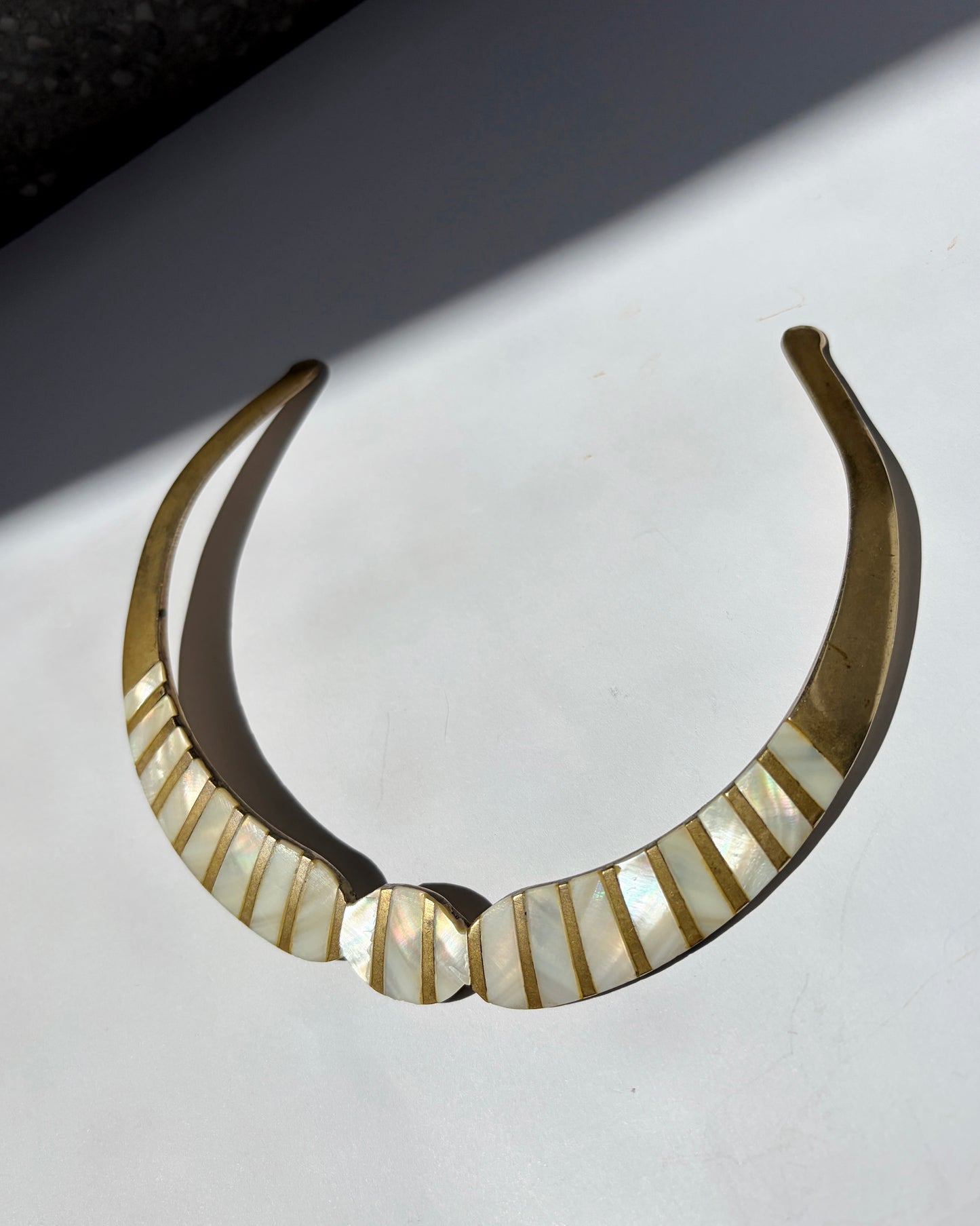 Vintage 1970s Brass & Mother of Pearl Choker Necklace