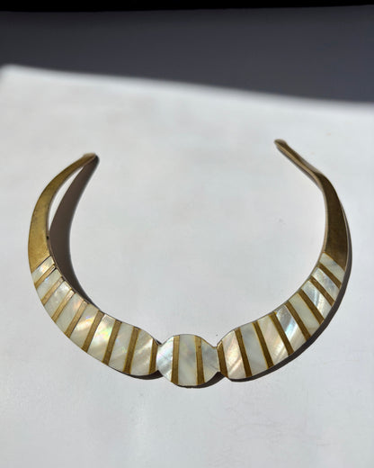 Vintage 1970s Brass & Mother of Pearl Choker Necklace
