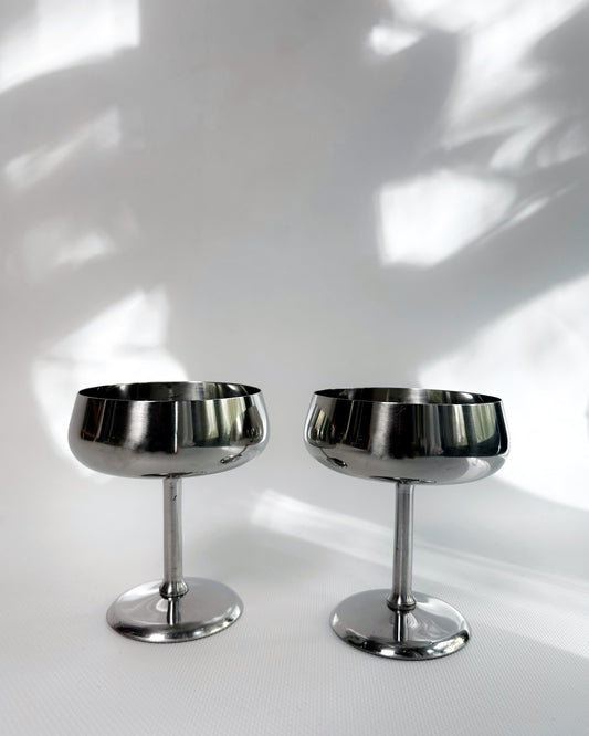 Vintage 1970s Rostfrei Stainless Steel Champagne Coupes with Matching Saucers – Set of 2 (3 Sets Available)