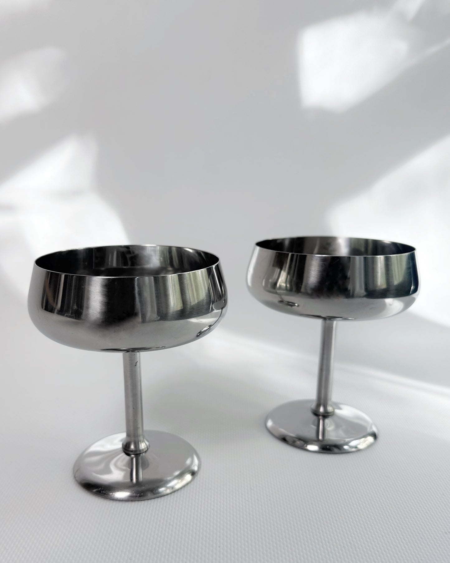 Vintage 1970s Rostfrei Stainless Steel Champagne Coupes with Matching Saucers – Set of 2, 4