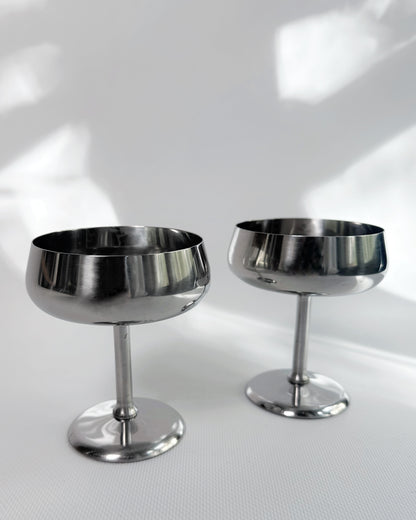 Vintage 1970s Rostfrei Stainless Steel Champagne Coupes with Matching Saucers – Set of 2, 4