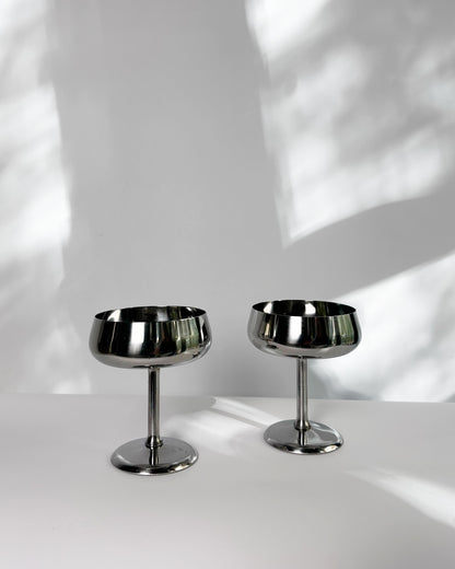 Vintage 1970s Rostfrei Stainless Steel Champagne Coupes with Matching Saucers – Set of 2, 4